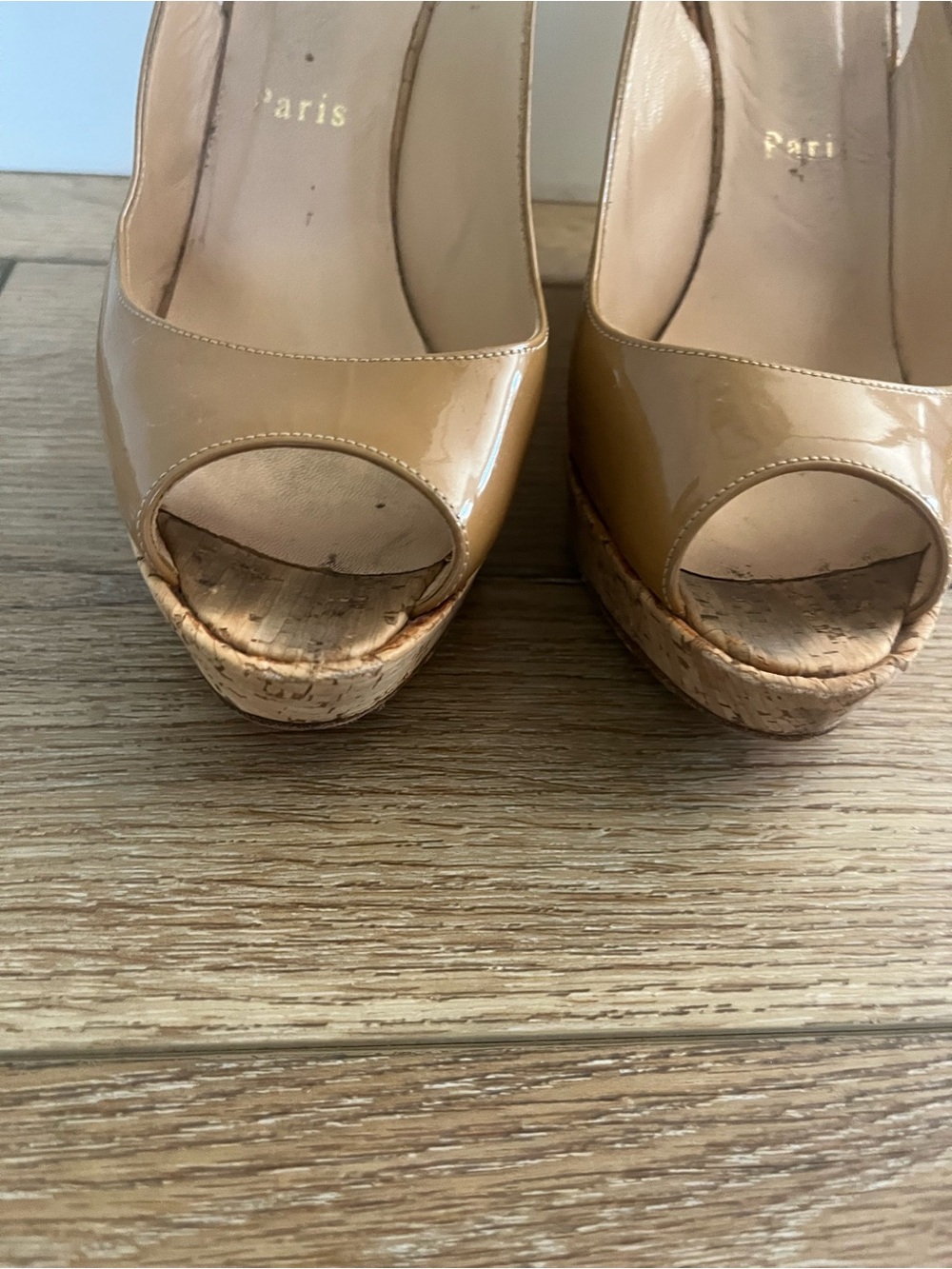 Christian Louboutin Beige Patent Leather Peep-Toe Cork Platform Wedges